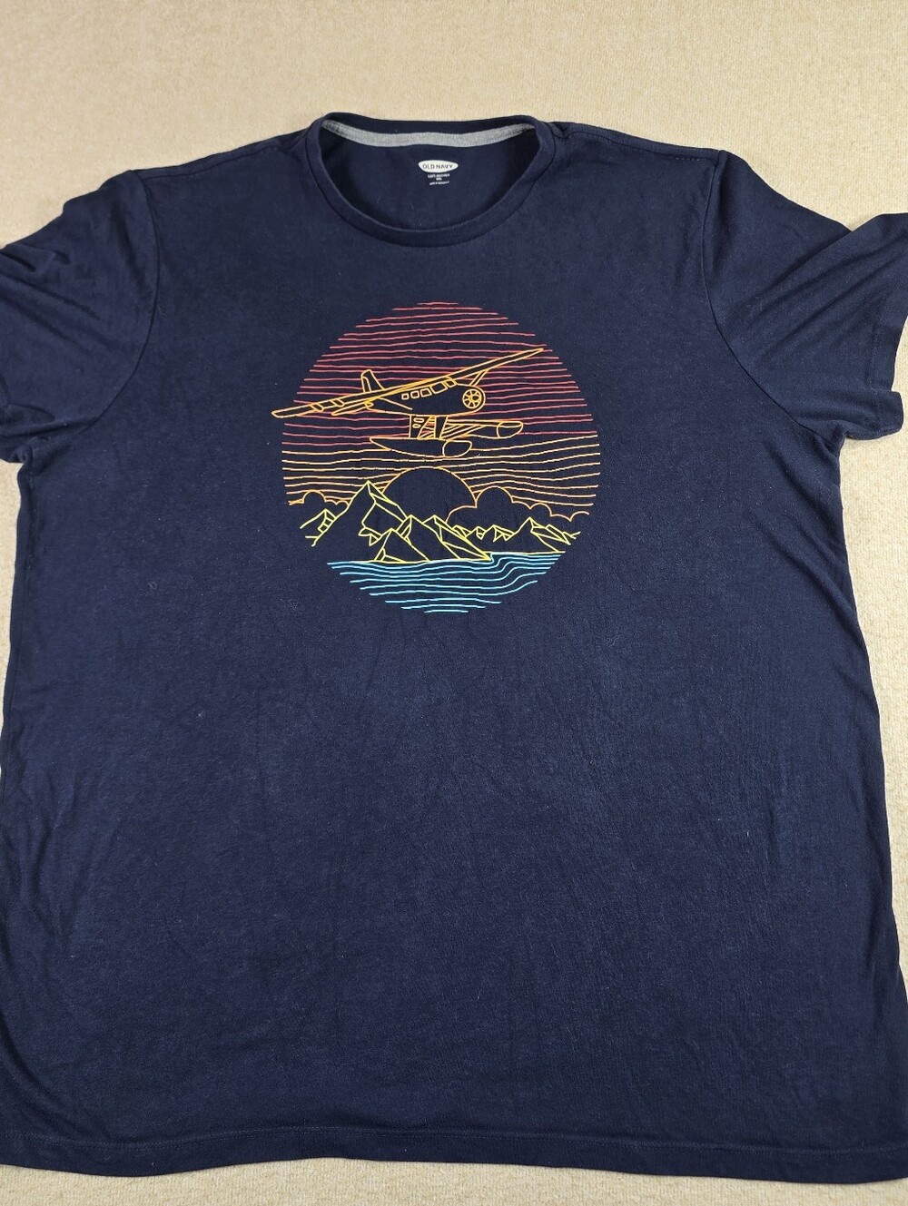 Old Navy XXL Navy Retro Seaplane Graphic T Shirt Airplane Sunset